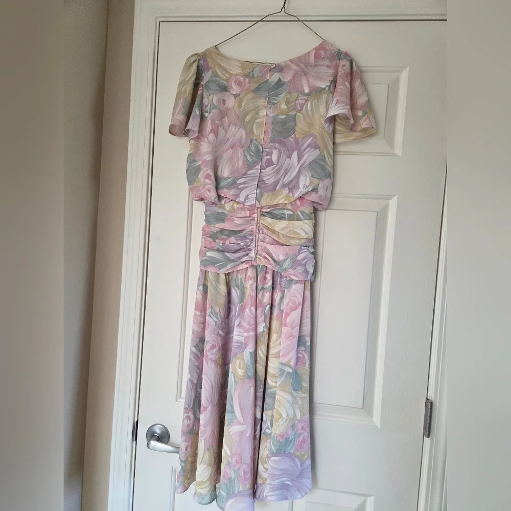 All That Jazz Vintage Floral Midi Dress Pastel Chiffon XS Wedding Guest
